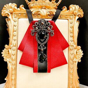 Red crystal bowtie, Kid's Necktie, Black Crystal Brooch, Kids Size, 2 in 1